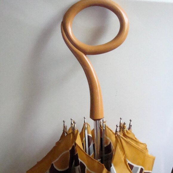 Vintage 60s Geometric Print Umbrella Unique Handle - Picture 4 of 14